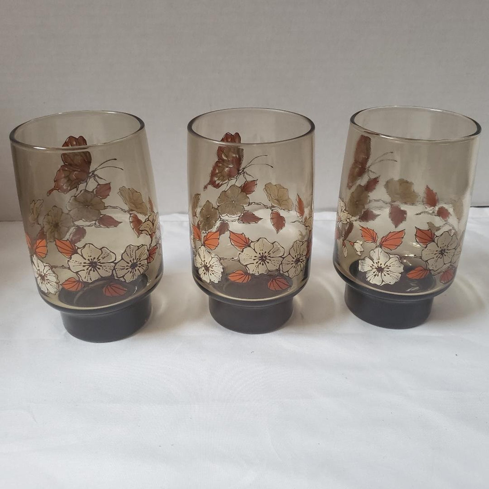 Vintage 1970s Libbey Smoke Drinking Glasses w Floral/Butterfly Etsy