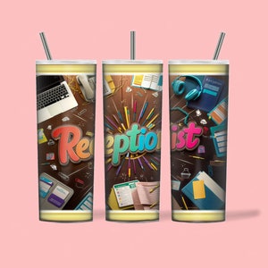 Receptionist tumbler wrap png, Receptionist 20 oz tumbler design, Colorful 3D Receptionist tumbler sublimation design, Receptionist png
