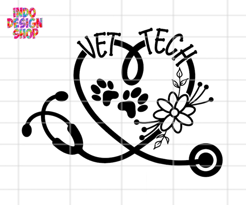 Peut inclure: Conception graphique en noir et blanc d'un st&eacute;thoscope en forme de c&oelig;ur avec les mots "Vet Tech" et des empreintes de pattes &agrave; l'int&eacute;rieur du c&oelig;ur.
