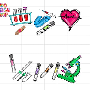 Puede incluir: Una ilustración colorida de suministros médicos, que incluyen tubos de ensayo, una jeringa, un corazón con una línea de latido del corazón, una venda y un microscopio. La imagen también incluye el texto "INDO DESIGN SHOP".