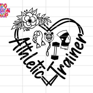 May include: Black and white graphic design of a heart with the words "Athletic Trainer" inside. The heart is decorated with a flower, a dumbbell, a stopwatch, and a weight.