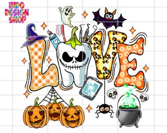 May include: A Halloween-themed graphic with the word "LOVE" featuring a tooth with a Jack Skellington face, pumpkins, a witch hat, and a bat. The letter "L" has an orange and white checkered pattern.