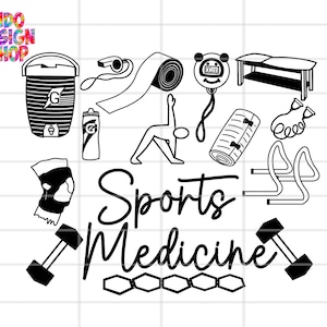 May include: Black and white line art illustration of sports medicine equipment, including a water bottle, a cooler, a yoga mat, a stopwatch, a resistance band, a knee brace, and dumbbells. The text "Sports Medicine" is written in a stylized font.