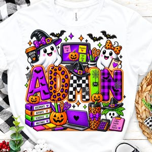 May include: A white t-shirt featuring a colorful graphic with the word ADMIN in large letters. The design includes two ghosts wearing witch hats, pumpkins, a computer, a stack of books labeled DOCUMENTS, REPORTS, SCHEDULE, MEETINGS, and office supplies.