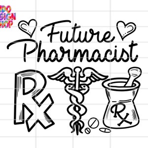 以下が含まれることがあります： 「Future Pharmacist」の文字と薬局関連のシンボルが描かれた白黒グラフィック。乳鉢と乳棒、Rx記号、カドゥケウス、ピルが含まれています。画像にはテキストの両側にハートのシンボルがあります。