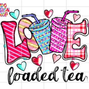 May include: A colourful graphic design with the word "LOVE" in pink, red and white stripes and a chequered pattern. The design also includes two cartoon cups of iced tea with pink, white and blue polka dots and the words "loaded tea".
