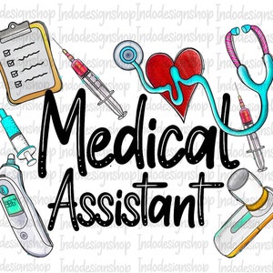 Può includere: Un'illustrazione digitale degli strumenti di un assistente medico, tra cui uno stetoscopio, un termometro, una siringa, una clipboard e un cuore. Il testo "Assistente medico" è scritto in lettere nere.