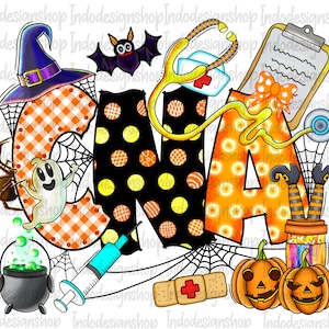May include: A colorful Halloween-themed graphic with the letters "CNA" in orange, black, and white. The design includes a witch's hat, spider, ghost, bat, stethoscope, clipboard, pumpkins, and other medical and Halloween elements.