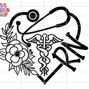 May include: Black and white graphic design of a heart with a stethoscope, a caduceus, and the letters RN. The heart is surrounded by a floral design.