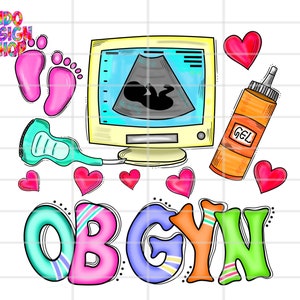 Könnte beinhalten: Eine bunte Illustration zum Thema Gynäkologie mit einem Computerbildschirm, der ein Ultraschallbild eines Babys zeigt, einer Flasche Gel, einem Stethoskop und dem Wort "OBGYN" in großen, bunten Buchstaben.