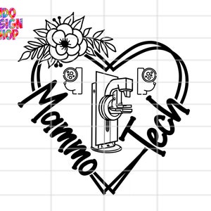 May include: Black and white illustration of a heart with the words "Mammo Tech" inside. A stylized image of a mammogram machine is inside the heart. A floral design is at the top of the heart.
