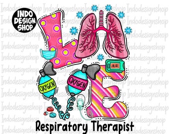 Puede incluir: Una ilustración colorida de la palabra "LOVE" con símbolos médicos y el texto "Respiratory Therapist". La letra "L" es rosa con lunares blancos y círculos amarillos. La letra "O" es un tanque de oxígeno azul con la palabra "OXYGEN" escrita en él. La letra "V" es un pulmón rosa con venas rojas. La letra "E" es un diseño a rayas rosa y amarillo.
