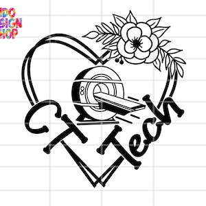 Puede incluir: Ilustración en blanco y negro de un escáner de TC dentro de una forma de corazón con el texto "CT Teach" debajo. Una flor con hojas está encima del corazón.