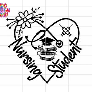 Puede incluir: Diseño gráfico en blanco y negro con las palabras "Nursing Student" formando un corazón. Dentro del corazón hay un estetoscopio, un birrete, libros y jeringas. Un diseño floral está en la parte superior izquierda.