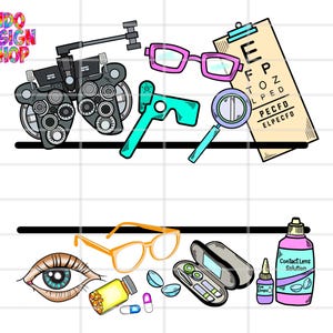 May include: A colorful illustration featuring eye care tools and products. Includes a phoropter, eyeglasses, eye chart, magnifying glass, contact lens case, eye drops, and contact lens solution. The image also includes an eye and pills.
