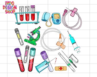Könnte beinhalten: Eine Sammlung medizinischer Illustrationen, darunter Reagenzgläser mit roter Flüssigkeit, ein Mikroskop, ein Blutdruckmessgerät, Spritzen und ein Pflaster. Das Bild hat den Text "Indo Design Shop" in der oberen linken Ecke.