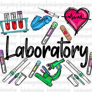Puede incluir: Una ilustración colorida de un laboratorio con un microscopio, tubos de ensayo, un corazón con una línea de latido del corazón, una venda y una jeringa. La palabra "Laboratorio" está escrita en letras negras.