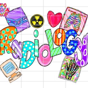 Pode incluir: Design gráfico colorido com a palavra "Radiologia" em diferentes fontes e cores. O design inclui imagens de raios-x, um coração e um símbolo de radiação.