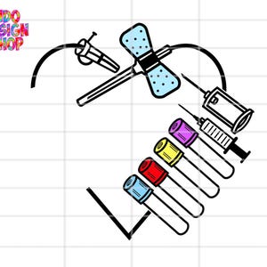 Puede incluir: Ilustración en blanco y negro de equipos médicos, que incluyen jeringas, agujas y tubos de extracción de sangre con tapones de colores. También se ve una aguja de mariposa y el texto "Indo Design Shop".