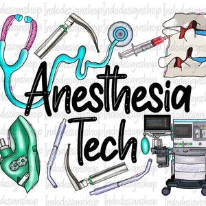 Könnte beinhalten: Eine Illustration von medizinischen Geräten und Werkzeugen im Zusammenhang mit Anästhesie. Das Bild zeigt ein Stethoskop, einen Laryngoskop, eine Spritze, eine Atemmaske, eine Wirbelsäule und ein Beatmungsgerät. Der Text "Anesthesia Tech" ist in schwarzer Kursivschrift geschrieben.