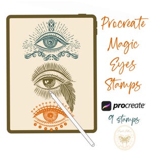 Puede incluir: Ilustración digital en una tableta con tres diseños de ojos estilizados en verde azulado y naranja. El texto "Procreate Magic Eyes Stamps" se muestra en escritura naranja, con el logotipo de Procreate y "9 stamps" visibles.