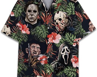 Halloween Hawaiian Shirt, Horror Halloween Button Shirt, Horror Character Summer Shirts, Scary Button Down Tropical Shirt, Halloween Gifts