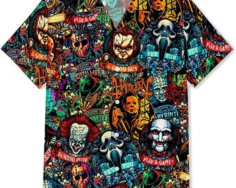 Hawaiian Shirt for Men Horror Tshirt for Adults Movies Men Shirts Characters 3D Summer Holiday Short Sleeve Beach Tropical Aloha Shirts