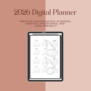 Puede incluir: Un planificador digital en una tableta, que muestra un diseño de calendario para el año 2026. La pantalla muestra una vista de calendario mensual con fechas. El fondo es de un rosa suave y apagado con el texto "2026 Digital Planner" y "Premium Custom Digital Planners".