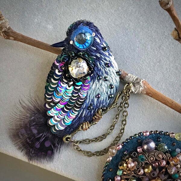 Bird brooch/Embroidered brooch/ Blue bird pin