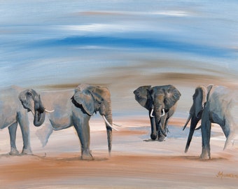 Elephants Reunite Print, Wildlife Fine Art Print, Wall Art, Home Decor, African Painting, Acrylic Painting Print