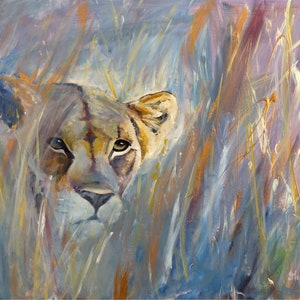 Stalking Lioness Print, Wall Art, Home Decor, Wildlife Art Print, Lion Painting Print