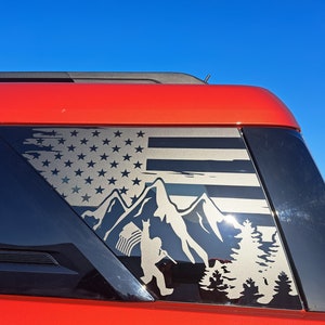 Fits 2021-2024 Ford Bronco Sport Distressed American Flag Mountain Sasquatch 3rd Quarter Window Decal *Listing Photos Show Matte Black Vinyl