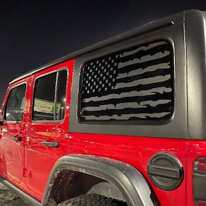 Fits 2011-2024 Jeep Wrangler Distressed American Flag Vinyl Window Decal Sticker Hard Top 4 door *Photo examples are all matte black vinyl