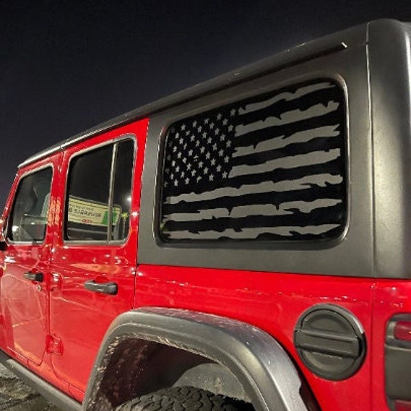 Fits 2011-2024 Jeep Wrangler Distressed American Flag Vinyl Window Decal Sticker Hard Top 4 door *Photo examples are all matte black vinyl