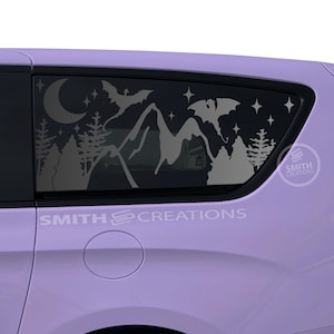 Fits Chrysler Pacifica & Voyager 2017 - 2025 3rd Quarter Window Dragons Flying over Mountain Vinyl Window Decal Pre Cut No Trimming