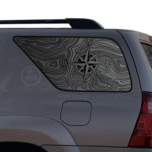 Fits 2003-2009 Toyota 4Runner Rear Side Window Topo Topographic Lines with Compass Vinyl Window Decal Pre Cut No Trimming Needed