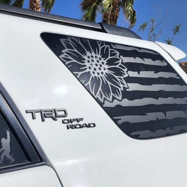 Fits 2010-2024 Toyota 4Runner Rear Side Windows Distressed American Flag with Sunflower Decal Sticker *Photo example is matte black vinyl