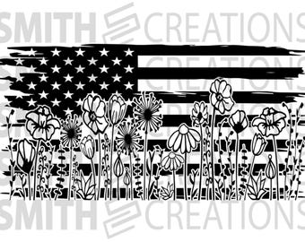 Tattered American Flag with Floral Line - Universal Vinyl Decal - Choose Size and Vinyl Color - Priced Per Sheet - Wild Flowers