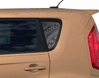 May include: A tan car with a black window decal featuring a gray tribal design. The decal is on the rear passenger window. The text "SMITH CREATIONS" is visible above the window.