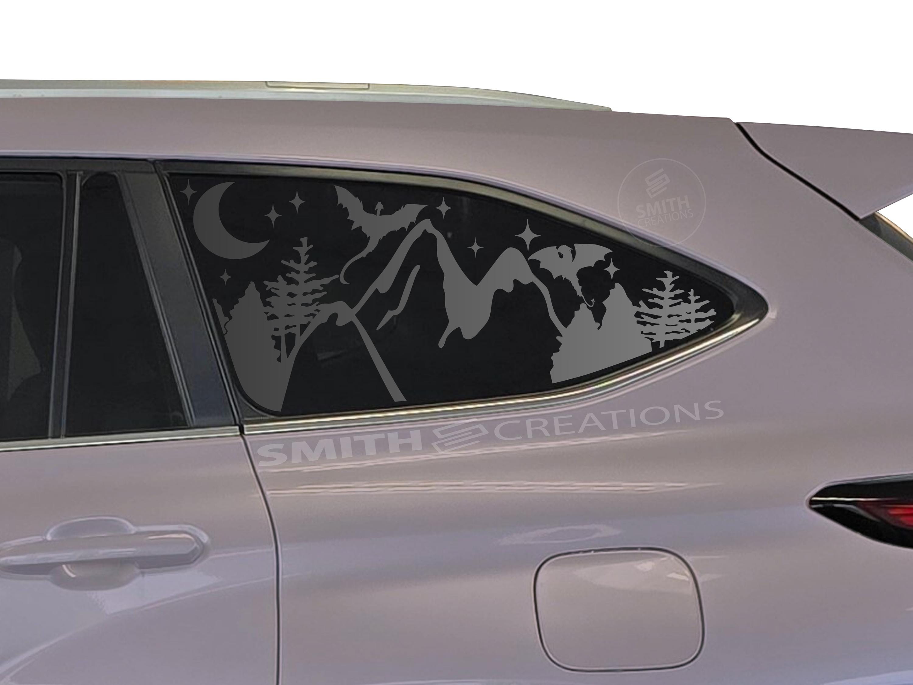 Se adapta a Toyota Highlander 2020-2025, calcomanía de vinilo para ventana de tercer cuarto con dragones volando sobre montañas, precortada, no necesita recorte.