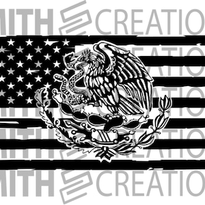 May include: Black and white distressed American flag with the Mexican coat of arms in the center. The coat of arms features an eagle perched on a cactus with a snake in its beak.