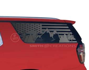 Jive-Car-Accessories Black US Flag Rear Window Glass Sticker Decal Trim For Chevy Suburban 2020+ – 2-Piece Set – Easy Install