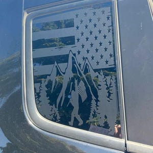 Fits 2015-2023 Jeep Renegade American Flag Sasquatch in the Mountains Vinyl Decal Quarter 3rd Window  *Matte black vinyl SET