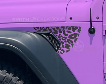 May include: A close-up of a purple vehicle fender with a black and brown leopard print decal. The text "SMITH CREATIONS" is visible on the fender. A black antenna and a black vent are also visible.