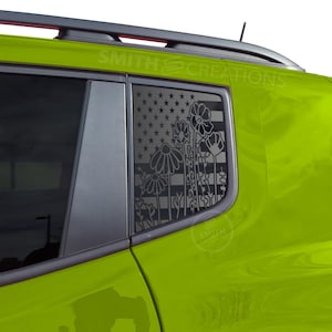 Fits 2019 - 2023 Jeep Renegade Rear 3rd Quarter Window Standard American Flag with Floral Line Vinyl Window Decal Pre Cut Flowers