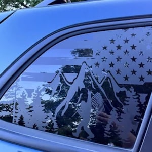 Fits 2014-2022 Jeep Cherokee Sasquatch American Flag + Mountains 3rd Window Vinyl Decal 2014 2015 2016 2017 2018 2019 2020 2021 2022