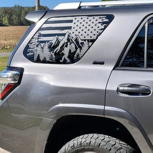 Fits 2010-2024 Toyota 4Runner Rear Side Windows Distressed American Flag Sasquatch Decal sticker  *Matte black vinyl SET