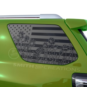 Fits 2010-2024 Toyota 4Runner Rear Side Windows Standard American Flag with Flowers on Bottom Window Decal Sticker Pre Cut NO TRIMMING NEED