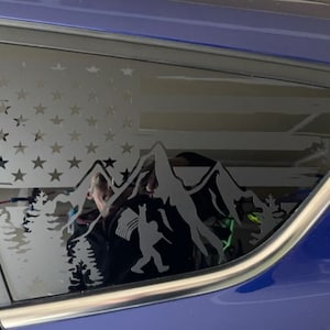 Fits 2013-2019 Ford Escape Sasquatch American Flag + Mountains 3rd Window Decal 2013 2014 2015 2016 2017 2018 2019  *Matte black vinyl SET