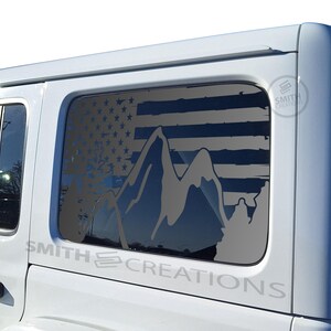 Fits 2018-25 Jeep Wrangler 3rd Quarter Side Windows 4 Door Hard Tops Only Tattered American Flag  with Mountains Window Decal Pre Cut